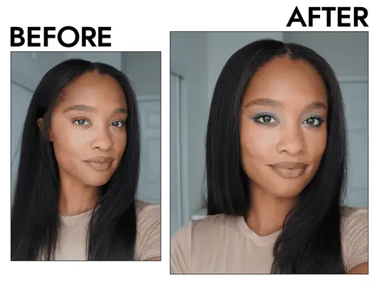 Before and after photo of a woman applying navy blue and grey eyeshadow