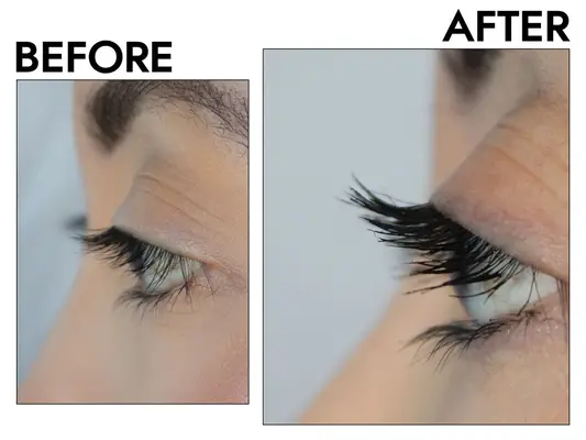 A close up of the author before and after applying Lash It Loud Waterproof Mascara