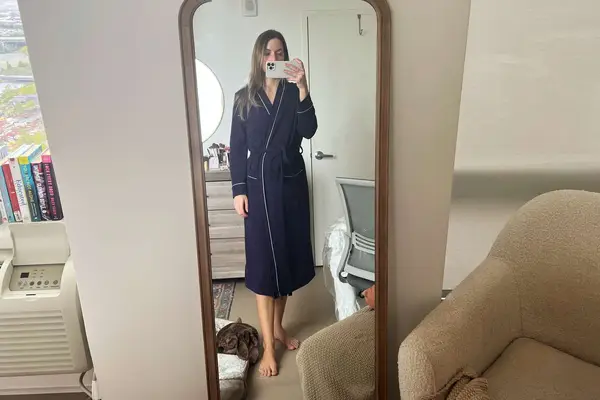 A person wears the Amazon Essentials Women