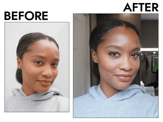 Before and after photo of a woman with purple eyeliner