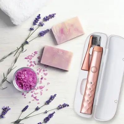 Burst toothbrush in case next to fresh lavender and soap