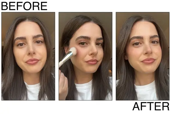 A person before, during, and after applying Dior rosy glow blush stick