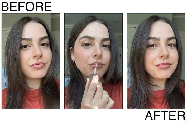 A person before, during, and after applying the Fenty Beauty Lip Oil