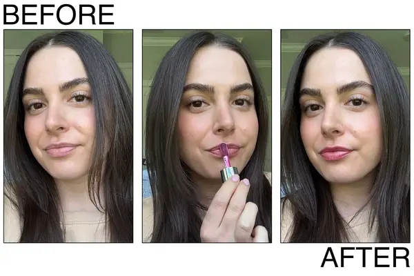 A person before, during, and after applying the YSL Loveshine Plumping Lip Oil