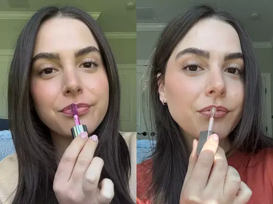 A side by side of a person applying lip oil to their lips