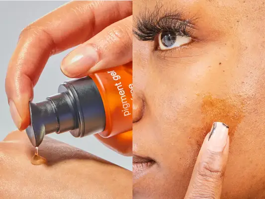 Applying skin care product to dark spots with a close-up of dispenser and spot treatment