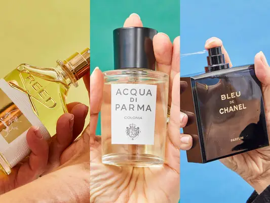 A hand spraying a bottle of Creed Aventus next to a hand holding a bottle of Acqua di Parma Colonia next to a a hand spraying a bottle of Chanel Bleu de Chanel Parfum