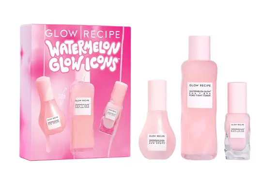 Pink Glow Recipe skincare set with three light pink bottles