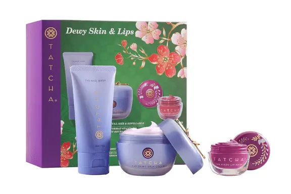 Purple Tatcha box with three skincare samples