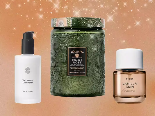 A collage of beauty gifts, including Phlur Eau de Parfum and Crown Affair Conditioner, we recommend on a colorful background