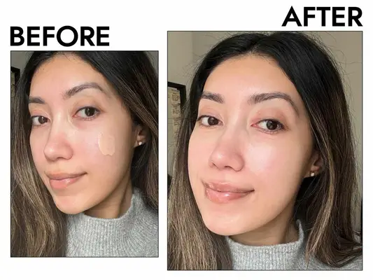 The author before and after applying the sunscreen