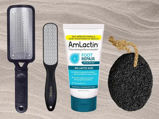 Rikans Colossal Foot File, AmLactin Foot Repair Cream and Pumice Valley Pumice Stone On Sand Gradient Background