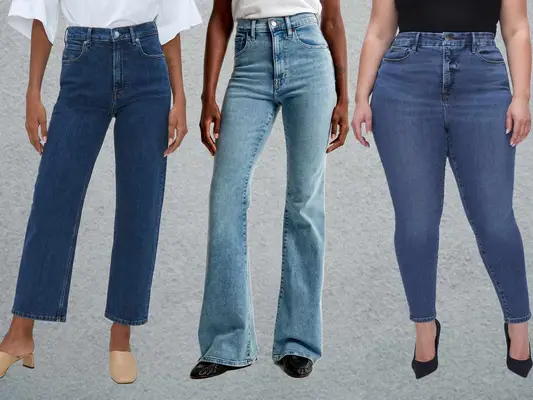 Collage of three people wearing stretch jeans, one ankle-length, one flared, and one skinny, against a gray background