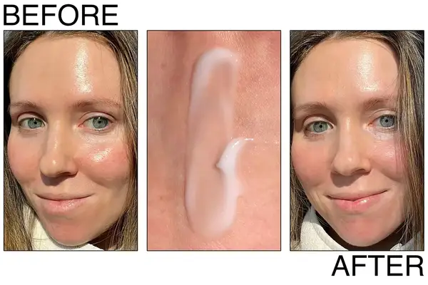A person before and after applying La Roche-Posay Matte Toleriane Double Repair Moisturizer
