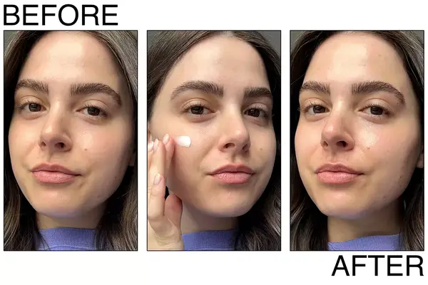 A person before and after using Rhode Beauty Barrier Restore Cream