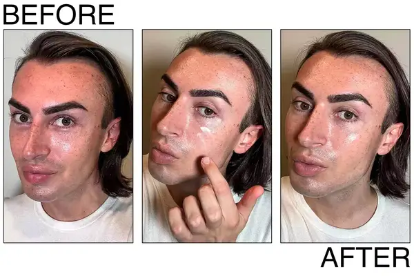 A person before, during, and after using the Skinfix Barrier+ Skin Barrier Restoring Gel Cream