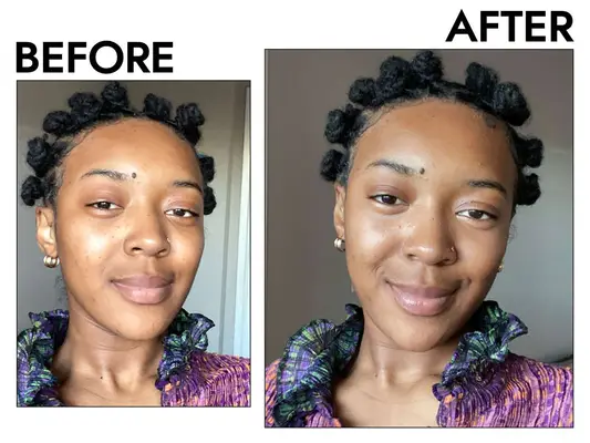 MYM Beauty writer Janiah McKelton before and after applying the Rare Beauty Positive Light Under Eye Brightener