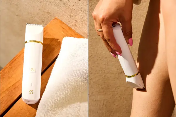 A shot of the Bushbalm The Francesca Body + Bikini Trimmer on a bench next to an image of a person using the Bushbalm The Francesca Body + Bikini Trimmer to shave their leg