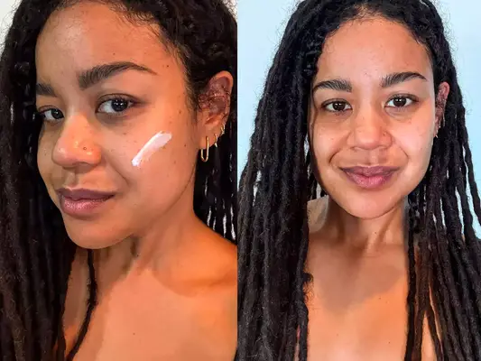 A side-by-side comparison of a woman with a skincare product applied and after use, emphasizing skin care routine results