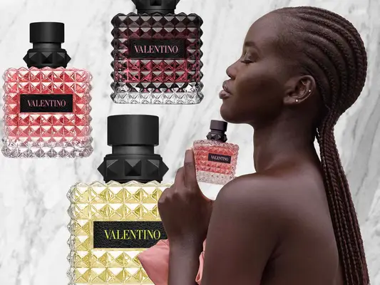 A collage of Valentino perfumes on a white and gray background featuring a model hold a perfume bottle
