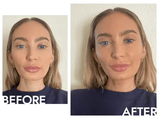 Taylor Jean Stephan before and after wearing jones road gel bronzer