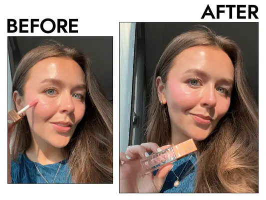 Sabrina Carpenter and Holly Rhue, both with glowy makeup