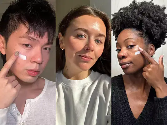 Three individuals applying skincare products on their faces