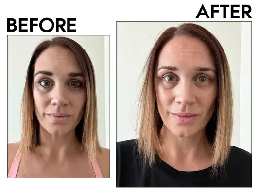 collage of heat protectants we recommend from brands including Bumble and Bumble, Kerastase, Mielle, and results on people