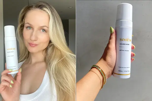 Person holding a bottle of Sontse self-tan mousse, close-up of the product in another person