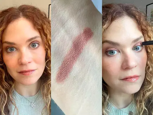 a collage of a person swatching and applying the best cream eyeshadows to their eyes 