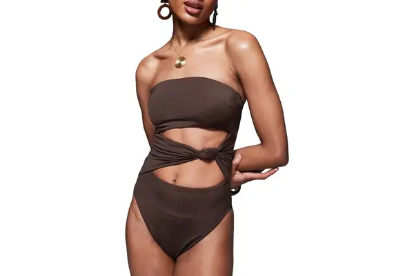 ASOS DESIGN Tall Nina Knot Swimsuit in Chocolate Brown