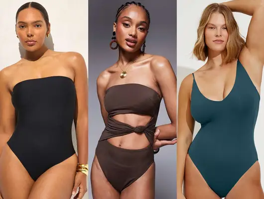 J.Crew Long-Torso Gemma One-Piece in Classic Sculpt, ASOS DESIGN Tall Nina Knot Swimsuit in Chocolate Brown, and Left on Friday Sunday Suit *Tall