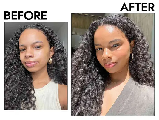 Before and after selfies of MYM Beauty editor Olivia Hancock wearing Fenty Soft