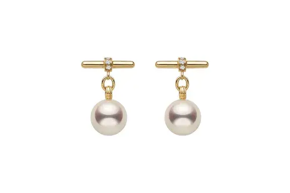 Helas Akoya Pearl 18K Gold Diamond Parallel Grace Stud Earrings