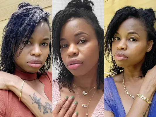 A person wearing necklaces and diverse outfits in three side-by-side photos, each showcasing different jewelry styles