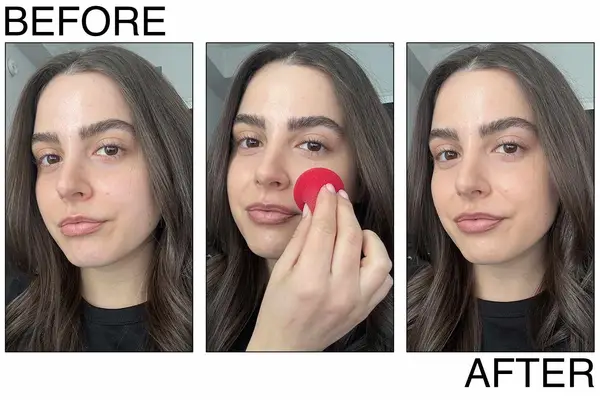 A before and after photo showing the effects of using Glossier Perfecting Skin Tint