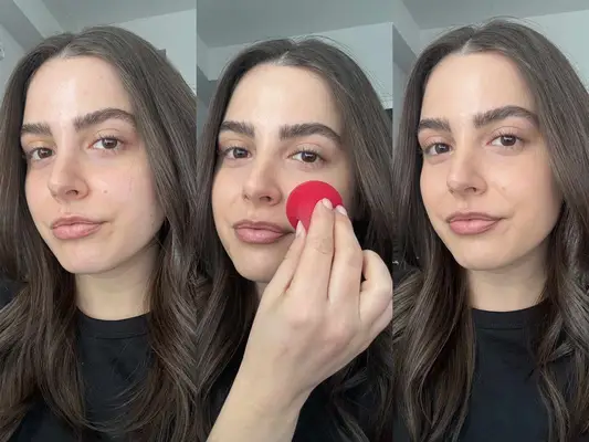 Tinted Moisturizer being applied by a blender and showing after results