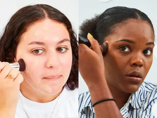 A person using a brush to apply Milani Conceal + Perfect 2-in-1 Foundation + Concealer to their cheeks and Woman applying Black Radiance Color Perfect Oil-Free Liquid with a brush to her face